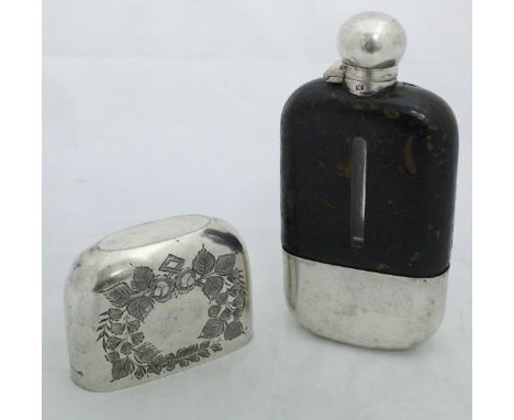 A James Dixon & Son hip flask, part leather mounted, together with a hip flask top and base, the base engraved with floral de