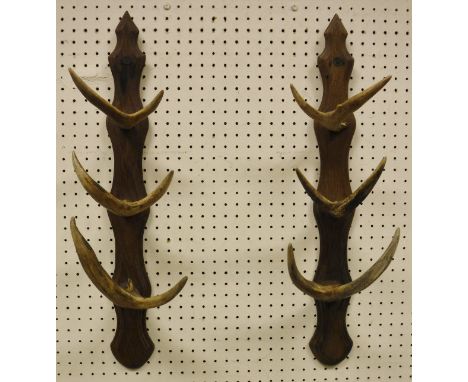 A two section oak and antler whip rack, bears button inscribed "MF"