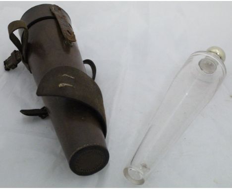 A late Victorian conical glass saddle flask with plated mounts, housed in a leather case