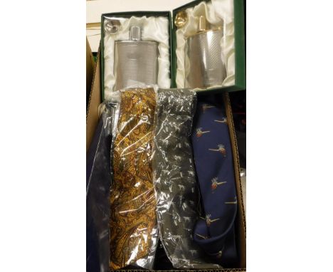 A box of various sporting themed ties, together with two hip flask sets, three Acme Reed horns, various lapel pins, etc