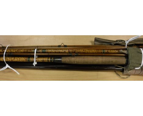 A collection of vintage fishing rods to include a greenheart three piece Charles Farlow salmon fly rod, with spare tip, toget