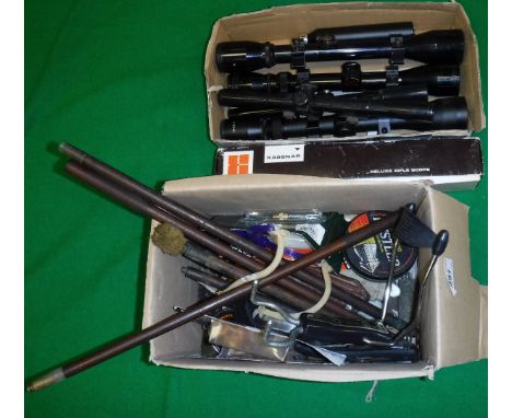 A collection of various gun sights including Simmonds Model 210293-9 x 40 telescopic sight, BSA 4 x 40 sight, Kassnar 1.5 x 4