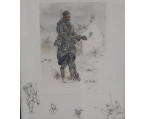 AFTER SNAFFLES (CHARLES JOHNSON PAYNE) "Le Poilu", colour print, heightened in watercolour, unsigned, bears studio stamp top 