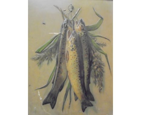 Two 20TH CENTURY ENGLISH SCHOOL "Hanging fish", trompe l'oeil study, watercolour on a print base and another similar print, u