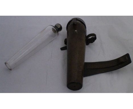 A conical glass saddle flask with plated mounts, housed in a leather case