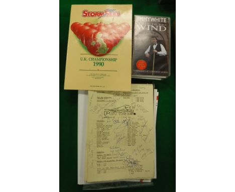 A collection of various snooker ephemera including Embassy World Snooker programme 1989 signed by many of the players includi