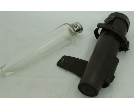 A conical glass saddle flask with plated mounts and housed in a leather case