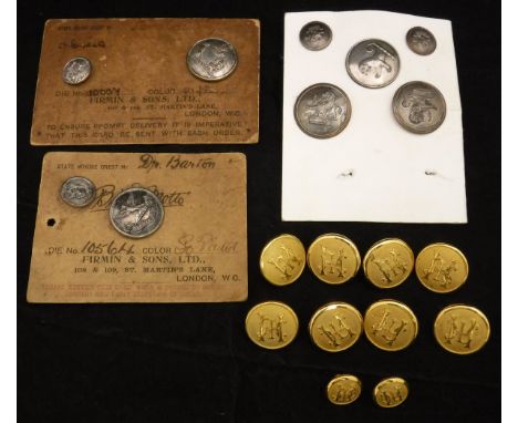 A collection of assorted Firmin & Sons buttons to include crest of Dr Barton, Savile-Onley, both on Firmin & Son Limited card