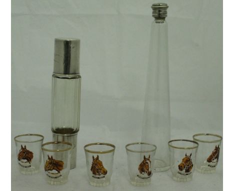 A conical glass flask with plated mounts, together with a further cut glass flask with two integral plated cups and a boxed s