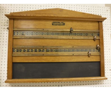 A vintage oak framed snooker scoreboard, bearing label inscribed "Burroughes & Watts Limited 19 Soho Square London" CONDITION