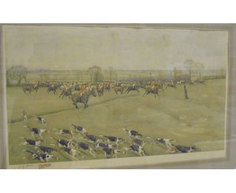 AFTER CECIL ALDIN "Huntsmen and hounds in a landscape", colour print, signed in pencil lower left