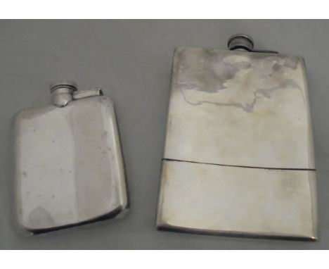 A Harrods silver plated hip flask of semi-circular form, together with a further Walker & Hall plated hip flask