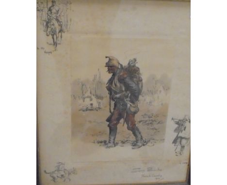 AFTER SNAFFLES (CHARLES JOHNSON PAYNE) "Sans panache - French Cavalry 1914", colour print heightened with white and body colo