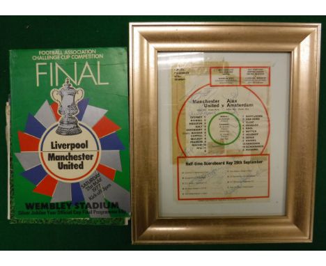 A collection of various football ephemera including Manchester United v. Ajax Amsterdam team sheet, signed by ten (possibly e