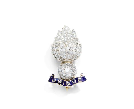  A diamond Royal Artillery sweetheart brooch  The flaming grenade set throughout with graduated small round-cut diamonds, wit