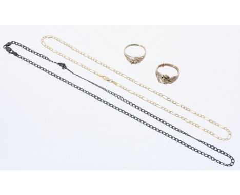 (ref. 6310) 9ct necklet, 9ct ring, silver necklet and ring (9gm) (4)