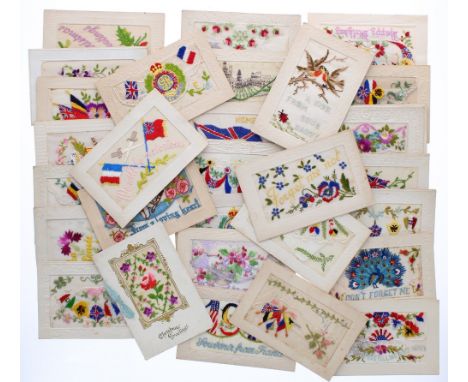Collection of 34 vintage embroidered postcards/greetings cards, including patriotic and souvenir example etc; also two albums