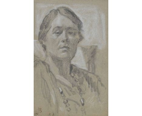 J*B* (20th century) -Portrait sketch of a lady, head and shoulders wearing a necklace, soft pencil and white chalk on tinted 