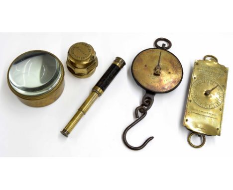 Chatillon's improved circular spring balance brass hanging scale, also a Salter's spring balance brass hanging scale, a vinta