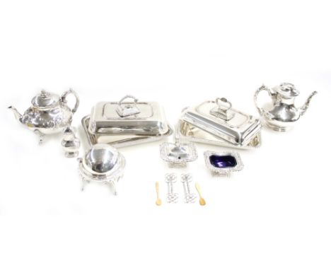 Pair of silver plated rectangle tureens with covers, two similar tea pots, a domed dish with swing cover, open salt cellar an
