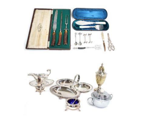 Assorted plated and white metal table wares including cased carving set, cased mother of pearl handle fish servers, sauce boa