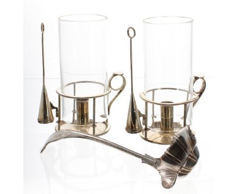 Pair of silver plated storm chamber sticks, with glass chimney surrounds and snuffers, 8.5" high; also a plated ladle (3)  