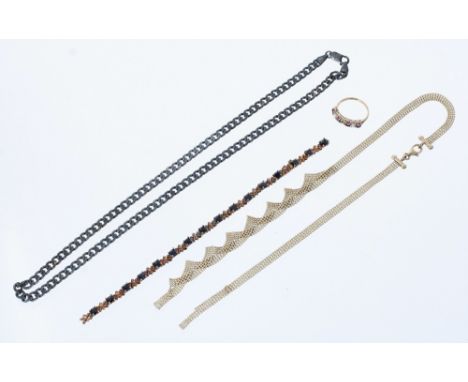 (ref. 3421) 9ct Necklet (at fault), 9ct ring (at fault), bracelet and necklet (13.8gm) (4)