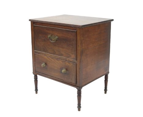 Early 19th century mahogany commode, the hinged top over a dummy drawer fall front and single drawer upon slender turned legs