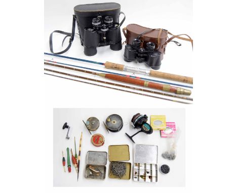 Angling Interest - Vintage cane 3 piece fly fishing rod, a later two piece rod with a small assortment of flies, reels, weigh