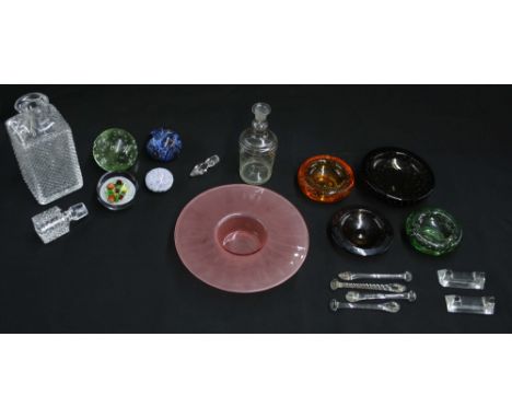 Glass wares including moulded glass square decanter and stopper, a smaller liquer decanter, millefiori paperweight and three 