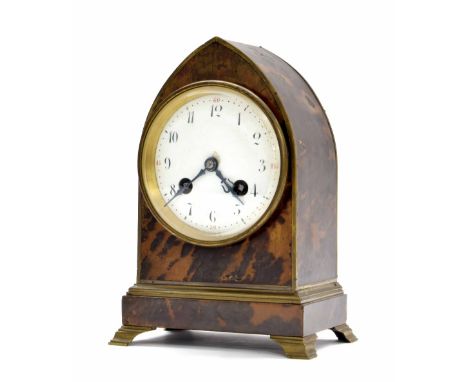 French tortoiseshell and brass bound two train lancet mantel clock, the Marti &amp; Co. movement striking on a bell, the 3.25