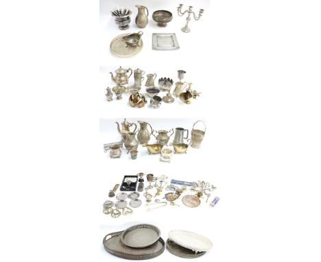 Large assortment of silver plated serving wares and domestic wares including gallery trays, jugs/ewers, teapot, candlestick, 