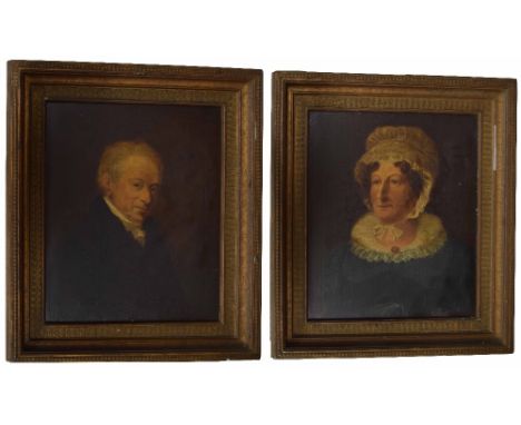 English School (19th century) -Portrait of a gentleman, also a companion, portrait of a lady wearing a lace bonnet and lace r