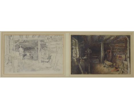 H.*K.* (19th century) -Interior of a blacksmith's workshop with a figure at a forge, together with the original pencil drawin