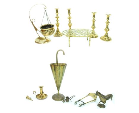 Pair of Victorian brass candlesticks, on square basses, 10" high; a further pair of brass candlesticks, an oval pierced brass