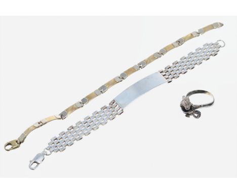 (ref. 9909) 18k bracelet (17.5gm), silver I.D bracelet and ring (3)
