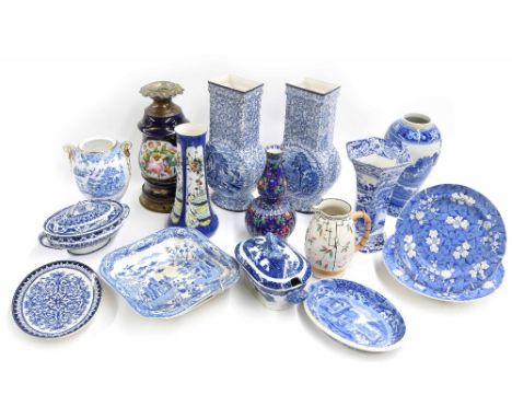 Collection of English blue and white transfer printed porcelain tea wares including two Spode plates and oval dish, pair of F