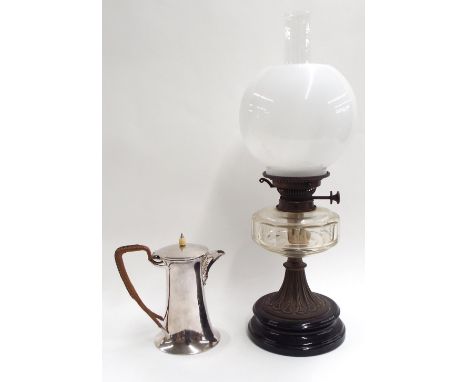 Liberty &amp; Co. EPBM coffee pot, with hinged cover surmounted by an ivory finial, raffia bound handle and leaf moulded spou