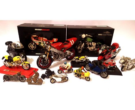 Assorted model motorcycles including Britains, Budgie, lead flatback etc and empty boxes for 1:12 scale Minichamps, Ducati an