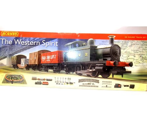 Hornby Western Spirit train set 0.4.0 loco, coach and three wagons, track, controller etc. No track mat or paperwork. P&amp;P