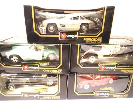 Five Burago 1:18 scale cars, Merc 300SL, Corvette, Merc SSK, Merc 500K etc. P&amp;P Group 3 (£25+VAT for the first lot and £5