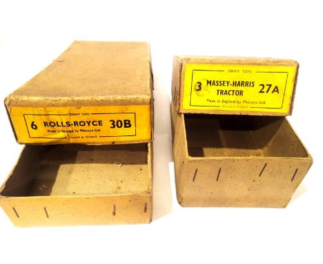 Two Dinky Toys trade boxes: 30B Rolls Royce x6, 27A Massey Harris tractor x3, both complete, splits and scuffs, no inner pack