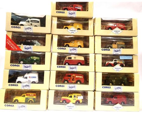 Sixteen Corgi Classics vans to include Morris Minor, Morris J, Ford Pop, all boxed. P&amp;P Group 3 (£25+VAT for the first lo