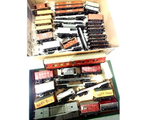 Hornby, Dublo and Wrenn wagons x30, bogie, opens, salt etc all unboxed and three empty signal boxes. P&amp;P Group 3 (£25+VAT