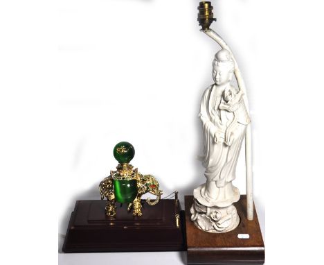 A Chinese blanc de chine figure of Guan Yin, height 42cm, now mounted as a lamp, also a modern boxed decorative censer and co