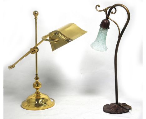 A reproduction brass library style desk lamp and a further Art Nouveau style table lamp with trumpet shade (2).