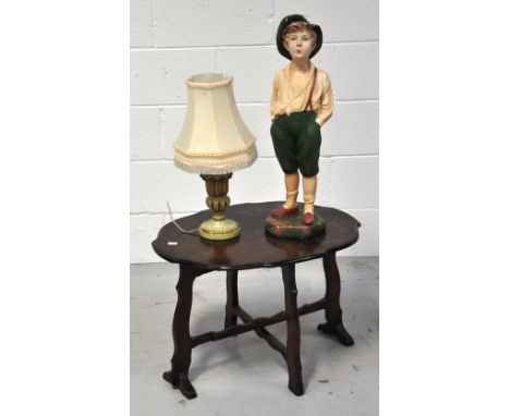 A small reproduction folding occasional table, a table lamp and a plaster figure of a young boy (3).