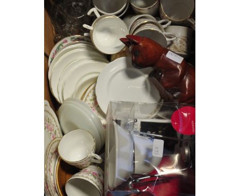 A Duchess part tea service, fondue bowl and a wooden cat.