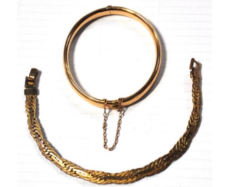 A yellow metal bangle with small chain and a yellow metal link bracelet, approx weight 20.2g.