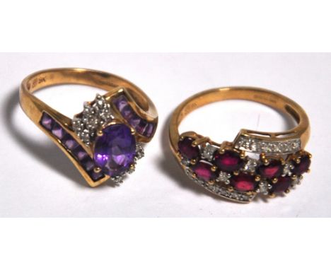 A 9ct gold ring set with amethyst coloured stones and white stones, size N and a further 9ct gold ring set with red and white